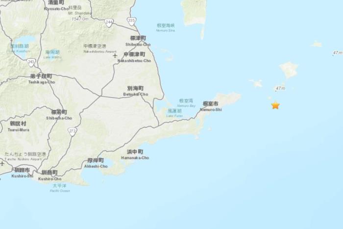 日本根室市东部海域发生4.7级地震。(图片来源：美国地质勘探局网站截图) 